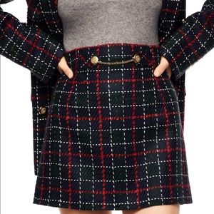 Zara blue red tweed check plaid gold chain mini skirt large